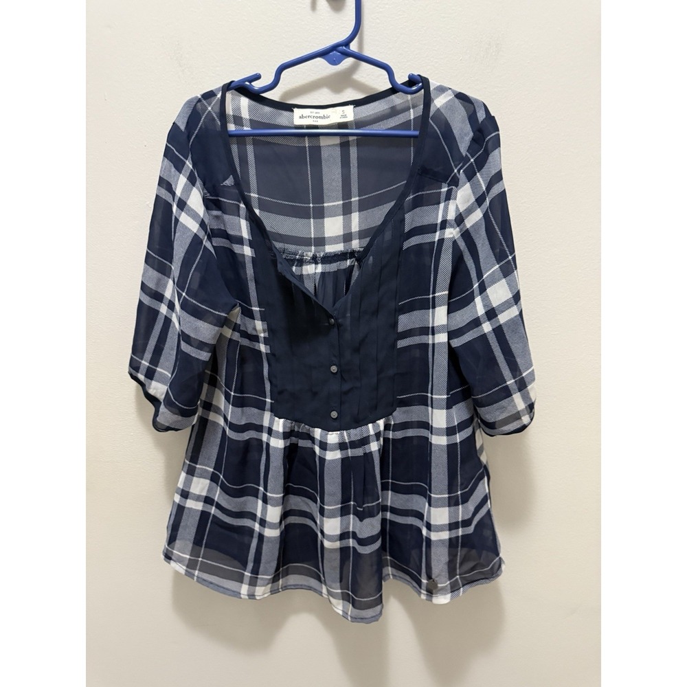 Abercrombie Kids Navy Plaid Sheer Blouse Top Size Small Peasant Tunic Preppy